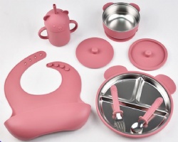 Silicone & 304 Stainless Steel Tableware Set, Kids Feeding Kit, Detachable Suction Plate, Bowl & Cup Set