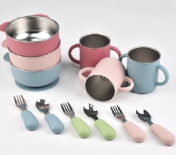 304 Stainless Steel 4-Piece Set, Baby Training Feeding Bowl, Infant Short Handle Fork & Spoon Tableware, Portable Kit