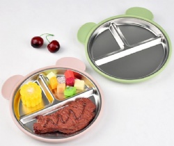 Kids 304 Stainless Steel Divided Plate, Drop-Resistant & Heat Insulation, Food Grade Silicone Suction, Baby Complementary Food Tableware
