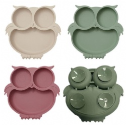 Food Grade Silicone Plate, Cartoon Owl Baby Feeding Utensils, Infant Toddler Complementary Food Tableware, Mother & Baby Supplies