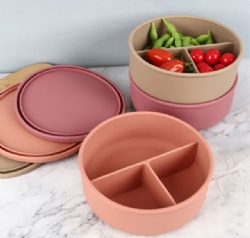 Silicone Round Divided Plate with Lid, Drop-Proof Baby Feeding Utensils for Self-Eating, Lunch Box for Kids & Students