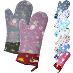 Christmas Thick Cotton-Lined Silicone Heat Resistant Gloves for Oven & Microwave Baking with Oblique Opening