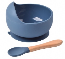 Baby Silicone Bowl and Spoon Set，Silicone Bowl & Wooden Handle Silicone Spoon for Kids