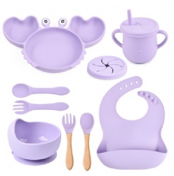 9-Piece Baby Silicone Tableware Set with Silicone Bowl, Crab Plate, Bib, Divided Plate, Spoon, Fork and Cup