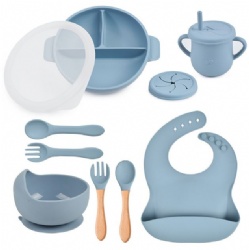 10PCS Silicone Baby Feeding Set with Divided Bowl, Lid, Bib, Plate, Spoon, Fork and Cup