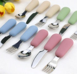 3-Piece Baby Silicone & Stainless Steel Spoon Fork Knife Set, Kids Training Cutlery Set for Self-Feeding
