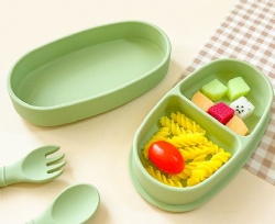 Silicone Divided Plate for Kids, 2-Compartment Dinnerware, Portable Silicone Bowl, Baby Suction Bowl with Lid, Separate Compartment Feeding Bowl