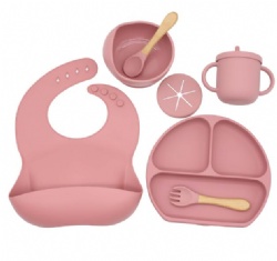 Silicone Dinner Plate Baby Bib Infant Bowl Tableware Placemat Spoon Fork Drop-Resistant Snack Cup Set