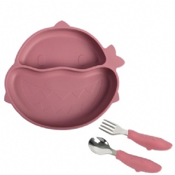 Shark Baby Silicone Plate & Spoon Fork Set, Smiley Shark Suction Plate with Stainless Steel Silicone Cutlery
