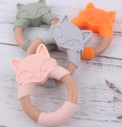 Silicone Animal Teether with Wooden Ring, Cartoon Animal Beech Wood Baby Fox Bracelet Teether Toy