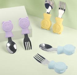 2-Piece Baby Silicone & Stainless Steel Cutlery Set - Cute Cartoon Training Spoons for Infant Feeding