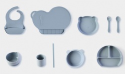 All-in-One Silicone Baby Feeding Set, Silicone Bib + Divided Plate + Spoon & Fork + Suction Bowl, Toddler Self-Feeding Kit