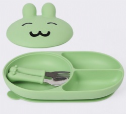 Integrated Silicone Plate for Kids, Food Grade Baby Feeding Bowl, Rabbit Divided Silicone Tableware