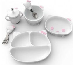 3-Compartment Baby Dinner Plate Set, Kids Complementary Food Tableware with Bowl, Fork, Spoon, Sippy Cup & Bib